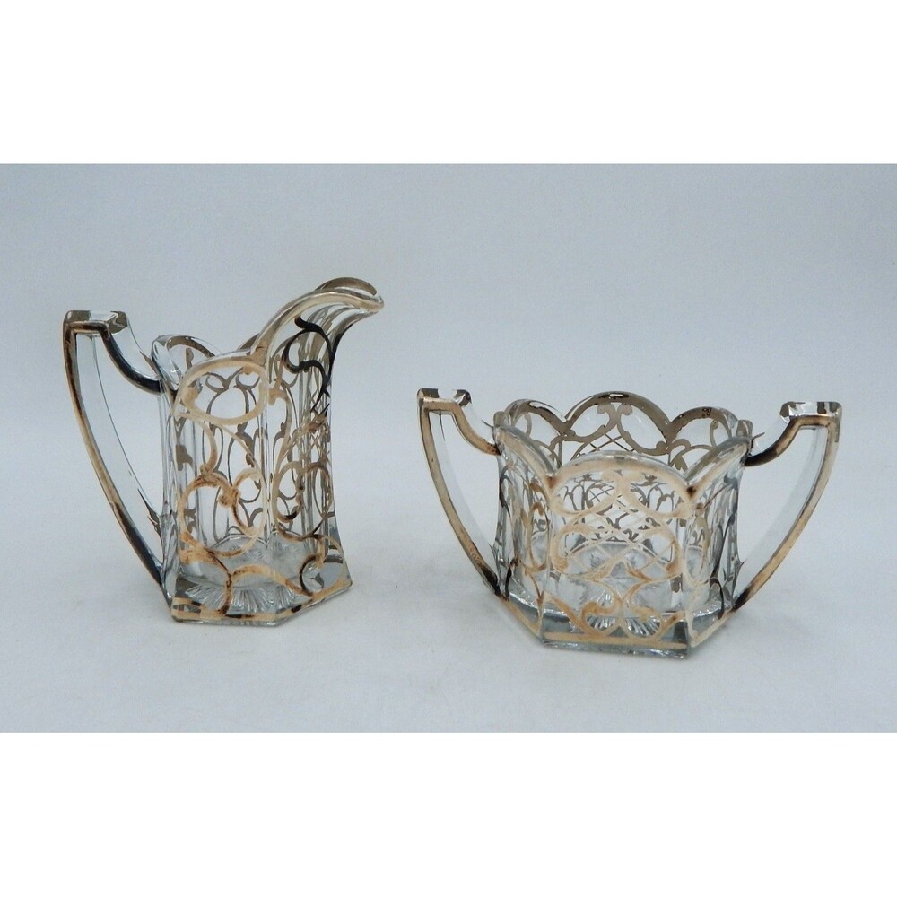 Jefferson Glass Chippendale KRYS-TOL Silver Overlay Open Sugar Creamer Set